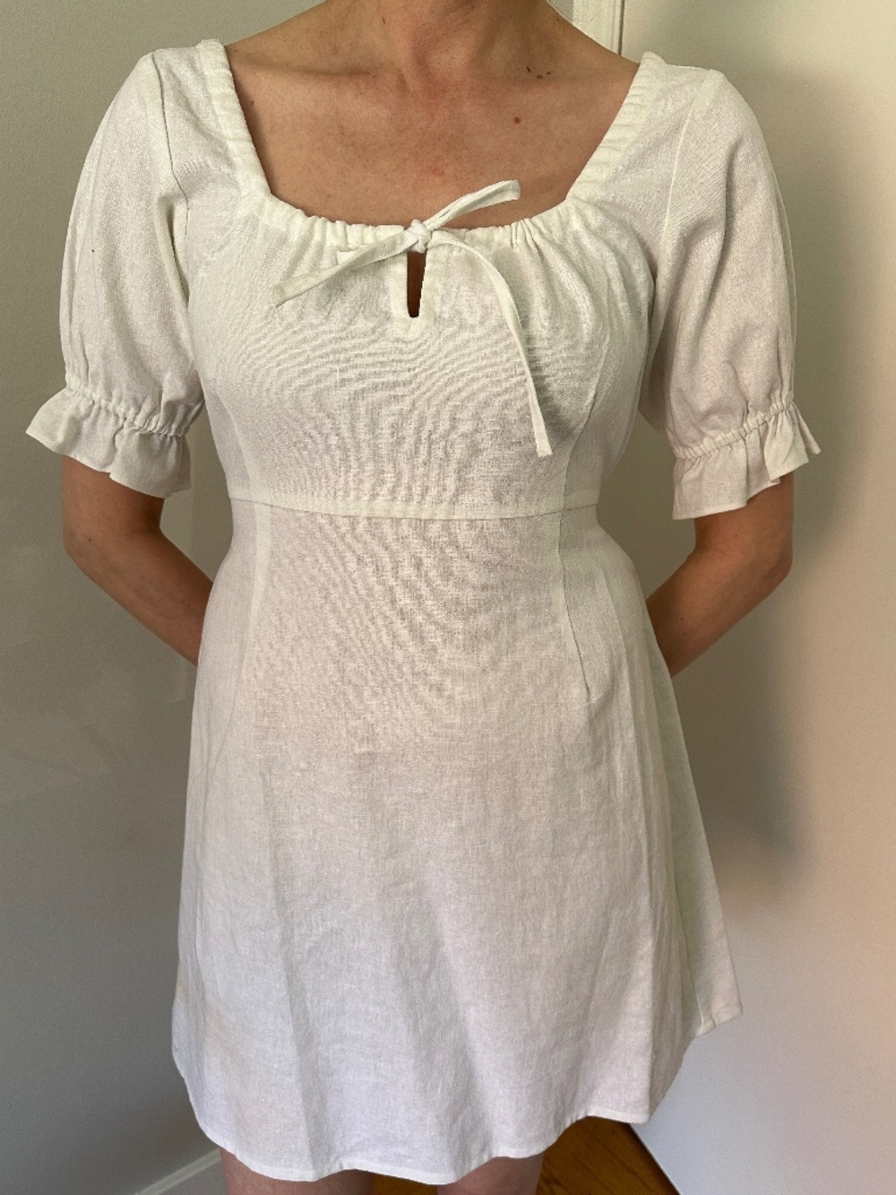 With Jean - White Juliette Linen Tie Neck Dress - L